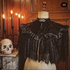 The Black Manor Victorian Capelet in Black Velvet and Lace